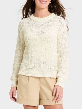 A New Day Cream Long Sleeve Round Neck Tape Yarn Pullover